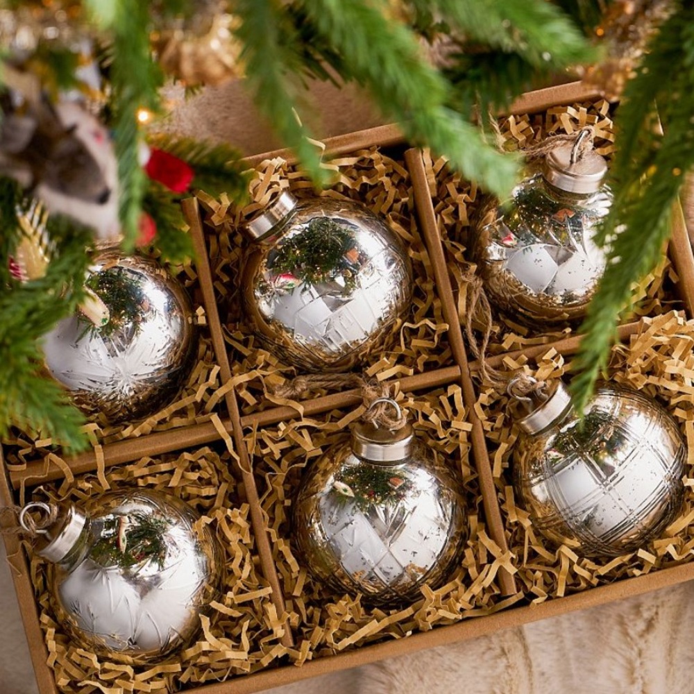 NWT Pottery Barn Silver Cut Glass Ornament Box Set of 6